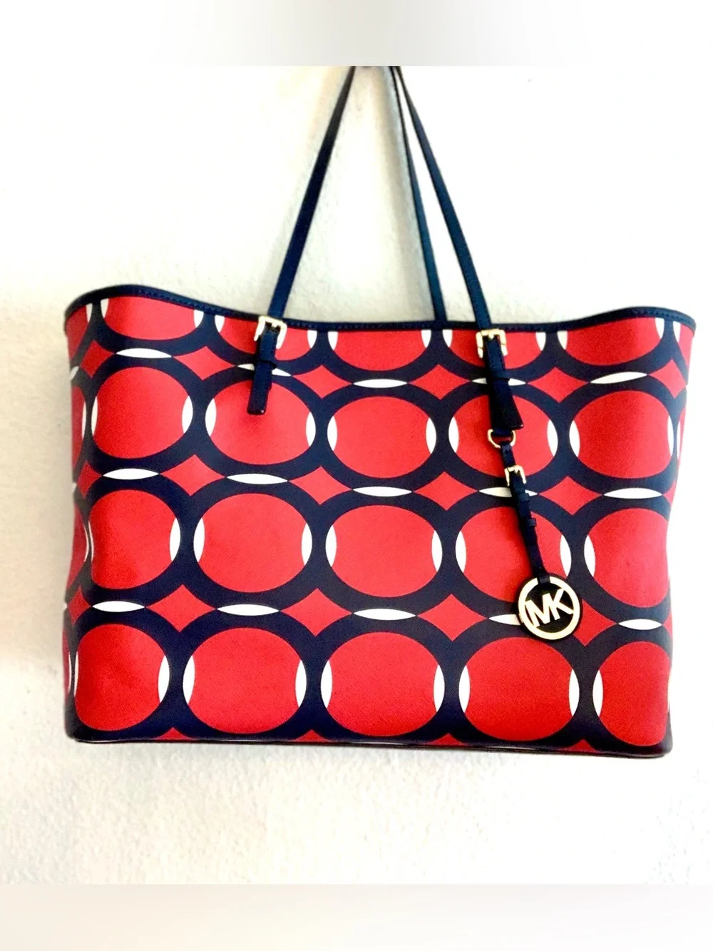 Michael Kors Red and Blue Circle-Print Tote with Gold MK Charm - Picture 3 of 16